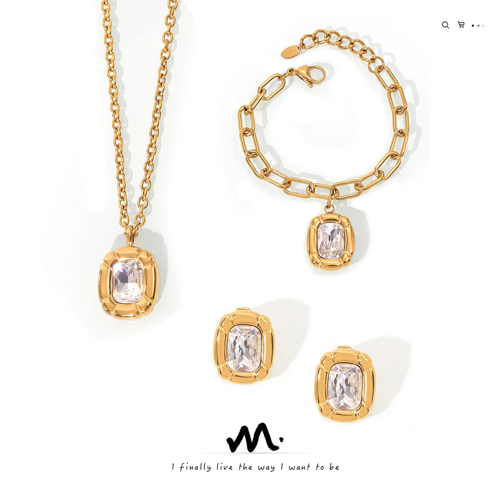 New Design Fashion Stainless Steel Jewelry Sets 18K Gold Textured Oval Card Set with Bracelet  Earrings and Necklace and Rings