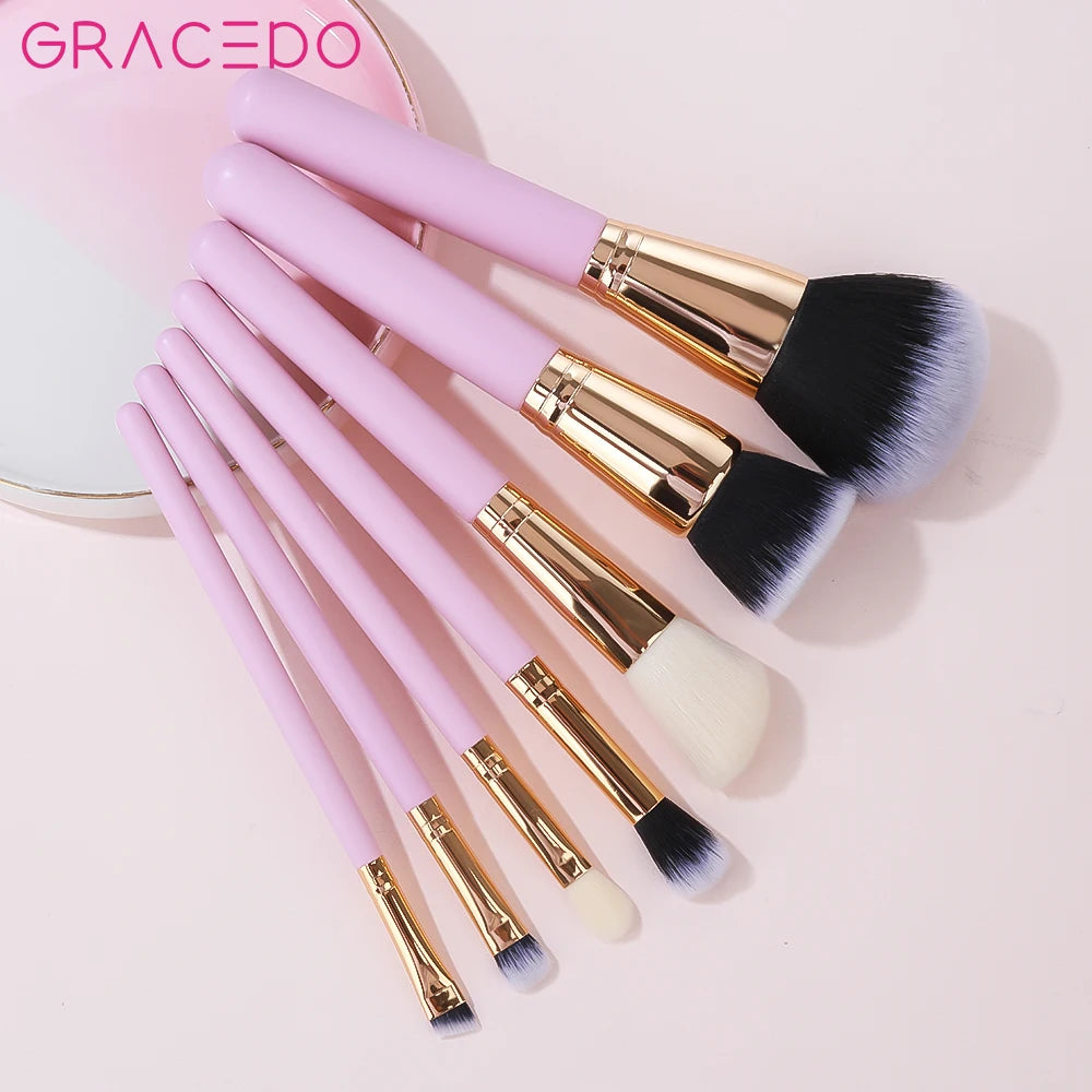 GRACEDO GR001 RTS 7-Piece Professional Makeup Brush Set with Synthetic Hair & Wood Handle Low MOQ Pink for Face & Concealer Use