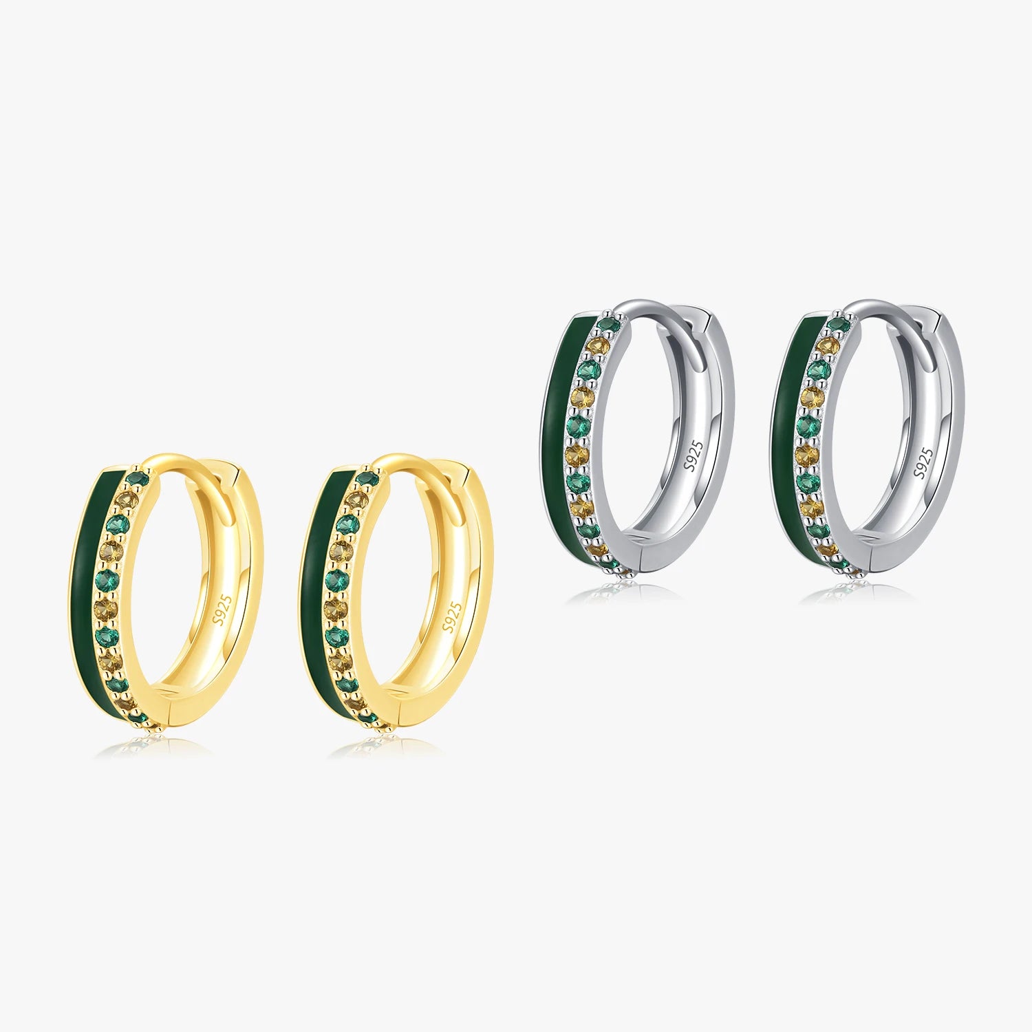 Gold Color European Style Fine Jewelry for Women 925 Sterling Silver Green Enamel Splicing Colors CZ Hoop Earrings