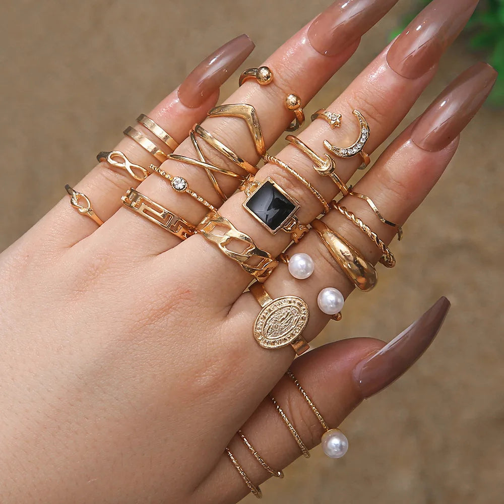 21pcs /set Fashion Pearl Carved Buddha Statue Ring Crescent Hollow Cross Drip Oil Black Ring for Women Rhinestone Ring Set