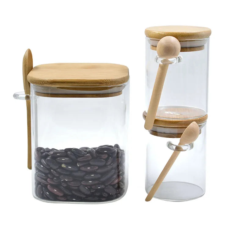 Wholesale Portable Borosilicate Glass Spice Jar With Bamboo Wooden Lids and Spoon