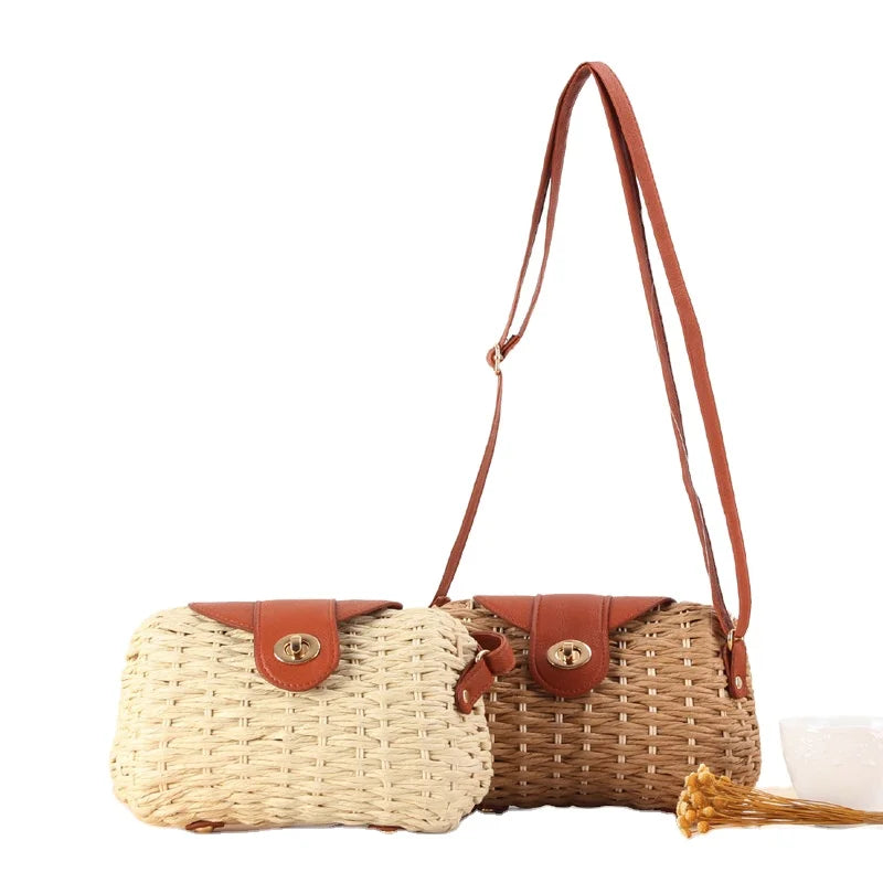 Wholesale Summer Beach Cosmetic Bag Sequined Rattan Woven Straw Dress Style for Beach Vacation