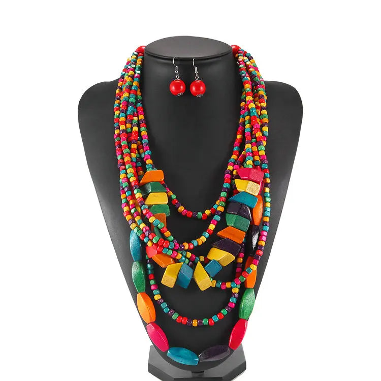 Bohemian Rainbow Wooden Trendy Statement Necklace with Beads Africa Ethnic Jewelry Set for Women's Anniversary Gift Engagement