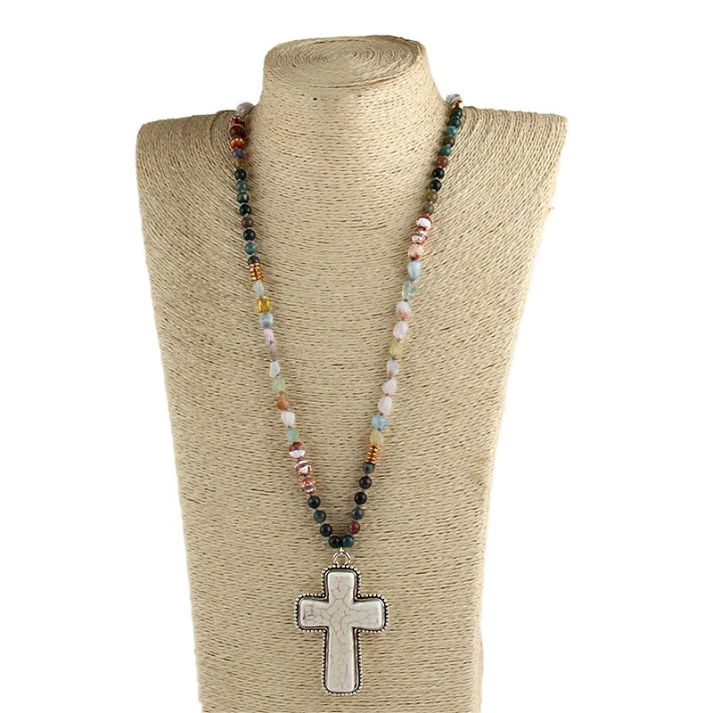 Fashion Jewelry Accessory 6mm Natural Stones Beads Knotted Cross Charm Pendant Necklaces for Festival Gift