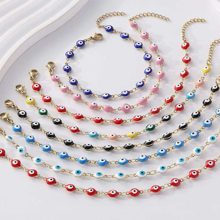 NS1367 Chic Dainty 18k Gold Plated Non Tarnish Stainless Steel Enamel Evil Eyes Bracelet for Women