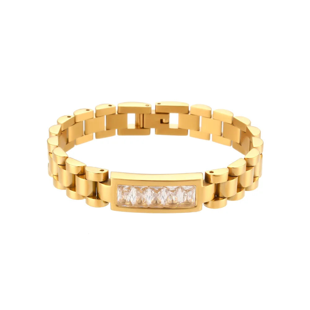 No Fade Gold Plated Green Black White Zircon Stone Watchband Wrist Bracelets Stainless Steel CZ Watchband Bangles