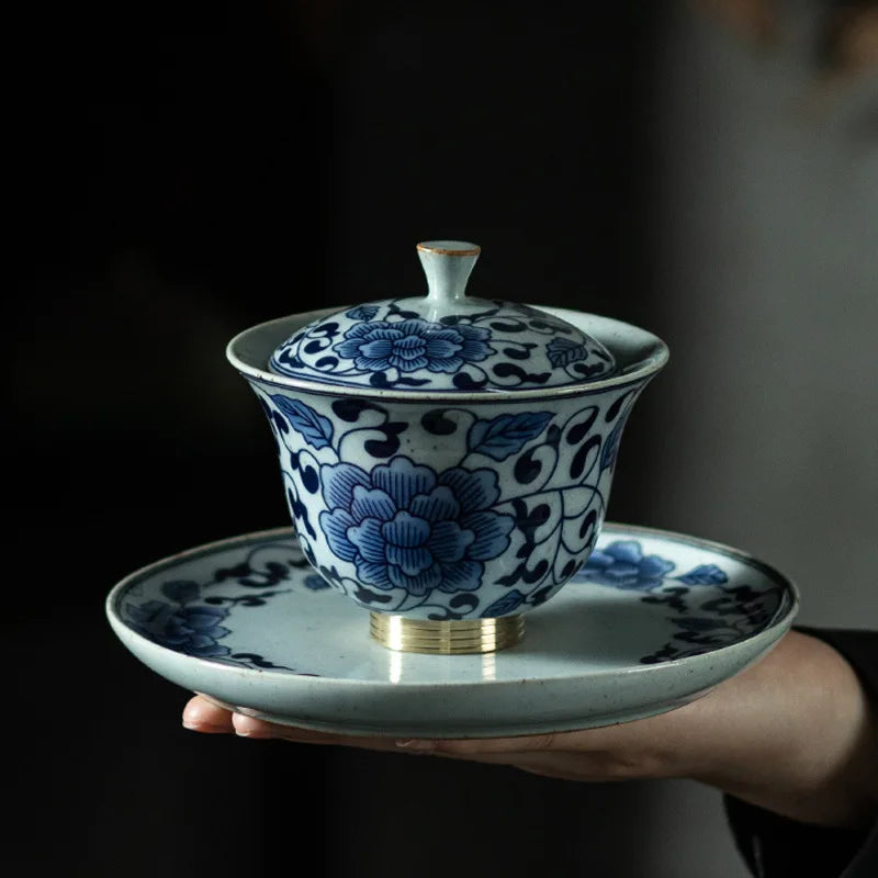 Blue-and-white Porcelain With the Copper Feet Tureen Ceramic Gaiwan Large Cup Tea Bowl Kung Fu Tea Set Tea Making Device