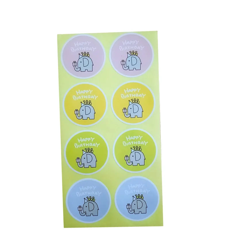80pcs Per Pack Round Elephant HAPPY BIRTHDAY Sealing Sticker for Handmade Products Package Label