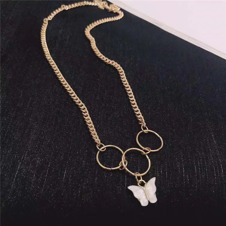 Popular Trendy Women's Zinc Alloy Gold Plated Silver Link Chain Butterfly Pendant Necklace Jewelry