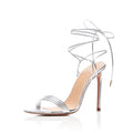 Slingback Elegant Silver Women Stiletto Sandals Shoes Ankle Strap Lace up Pointed Toe Summer High Heels