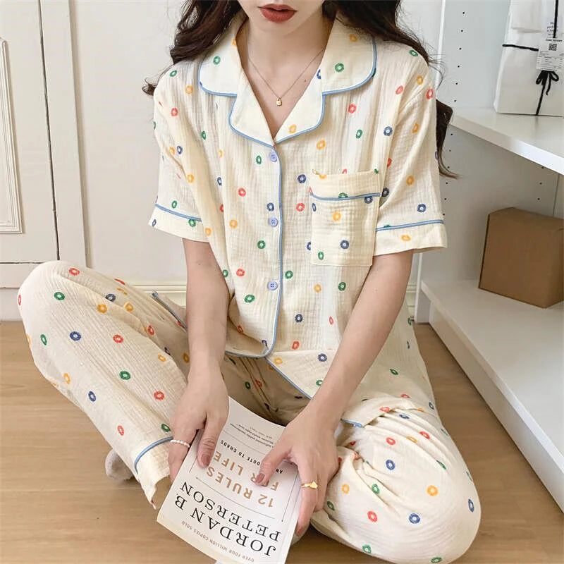 Bamboo Summer Nightgown Cute Pajamas Set Pyjamas Short Nighty Nightwear New Pijamas Mujer Printed Cotton Sleepwear for Women