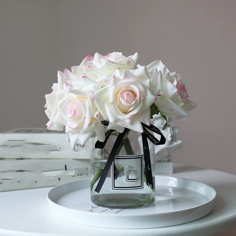 V06 Wholesale Wedding Home High Quality Large Silk Fake White Rose Decorative Real Touch Latex Rose Flower Artificial Roses