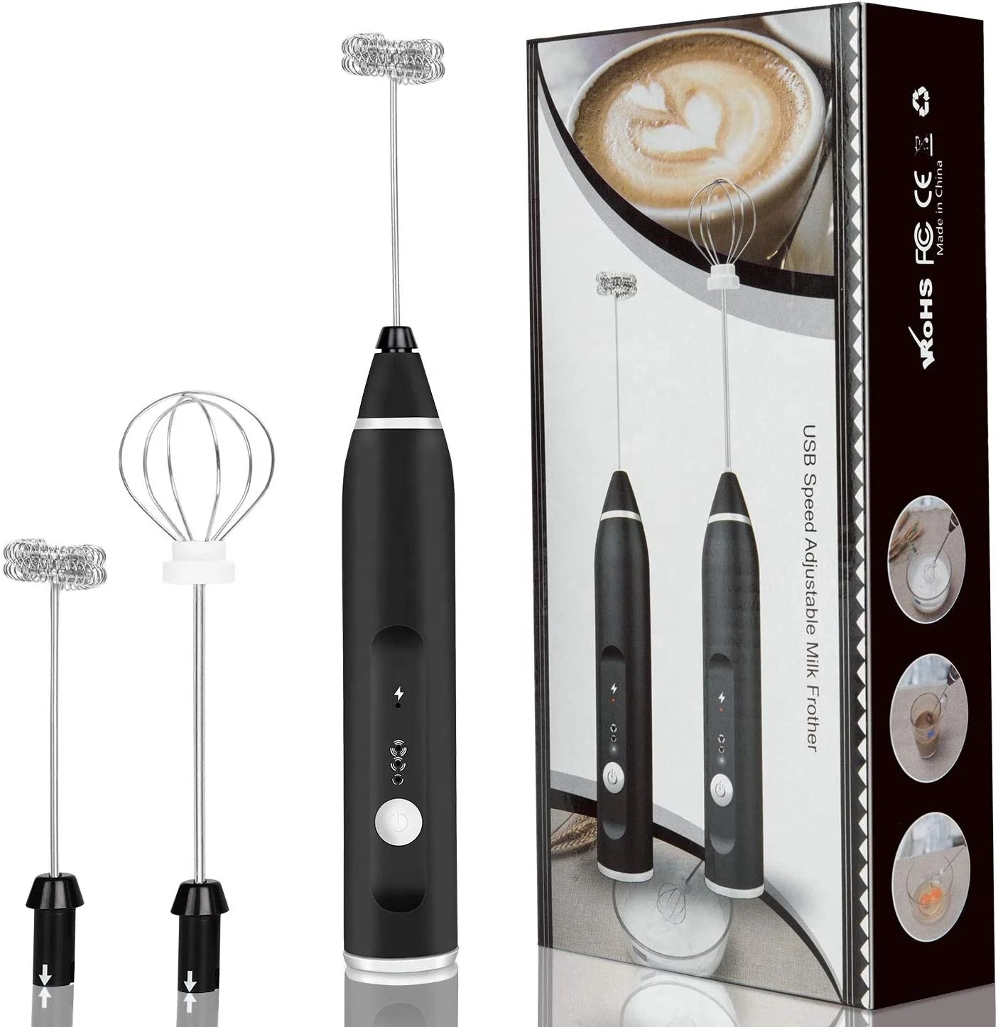 USB Rechargeable Eco-Friendly Milk Frother Handheld Electric Foam Maker 2 Stainless Steel 3-Speed Adjustable Whisks Modern