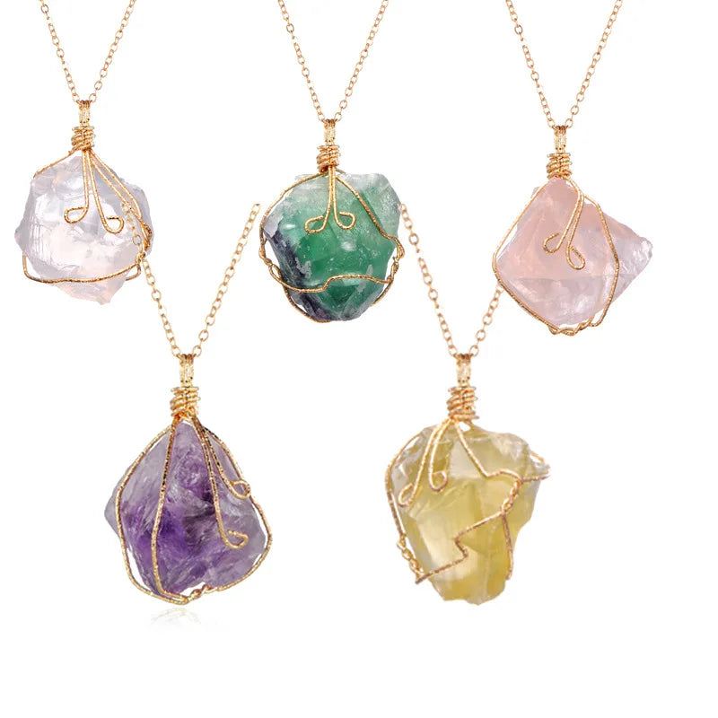 GT Natural Raw Stone Pendant Women Wire Wrap Rock Clear Rose Quartz Irregular Crystal Necklaces