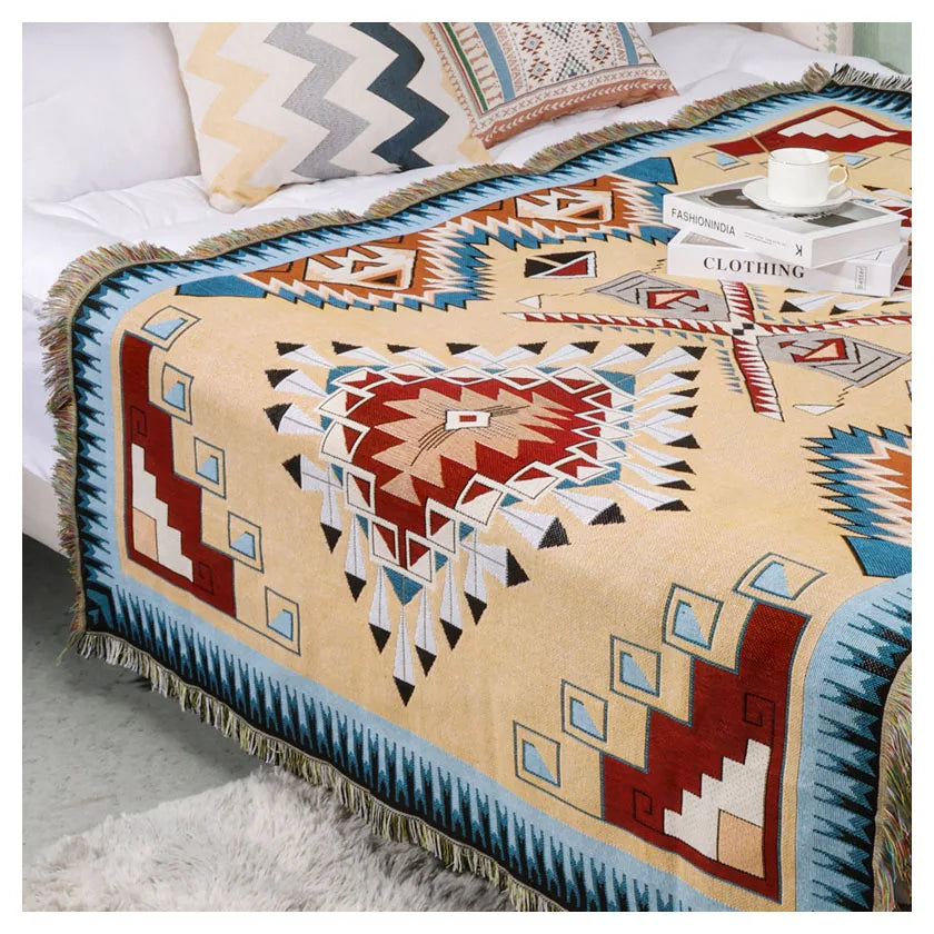 Geometric Large 130*160cm Custom Cotton Blended Macrame Morocan Woven Four Seasons Beach Camping Mat Outdoor Picnic Blanket