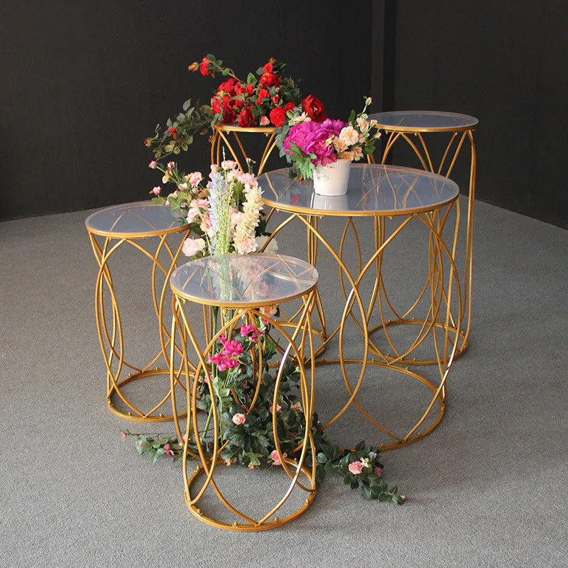 Golden Iron Metal Dessert Table 5 Pcs Bis Certified Wedding Flower Stand Dessert Welcome Area Cake Stand Decoration