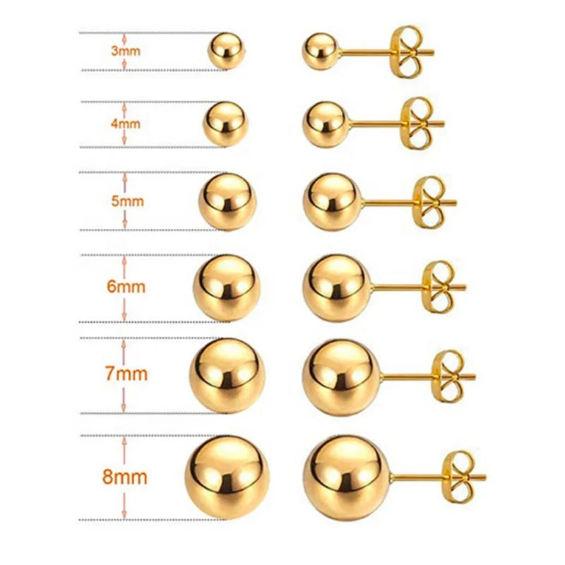 Hot Sale Fashion Jewelry 18K Gold Stainless Steel 3/4/5/6/7/8mm Bead Earrings Smooth Round Ball Bead Stud Earrings for Women