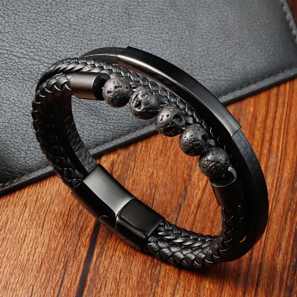 European American Punk Mens Fashion Leather Lava Stone Bracelet Braided Leather Bangle for Men Stainless Steel Bracelets