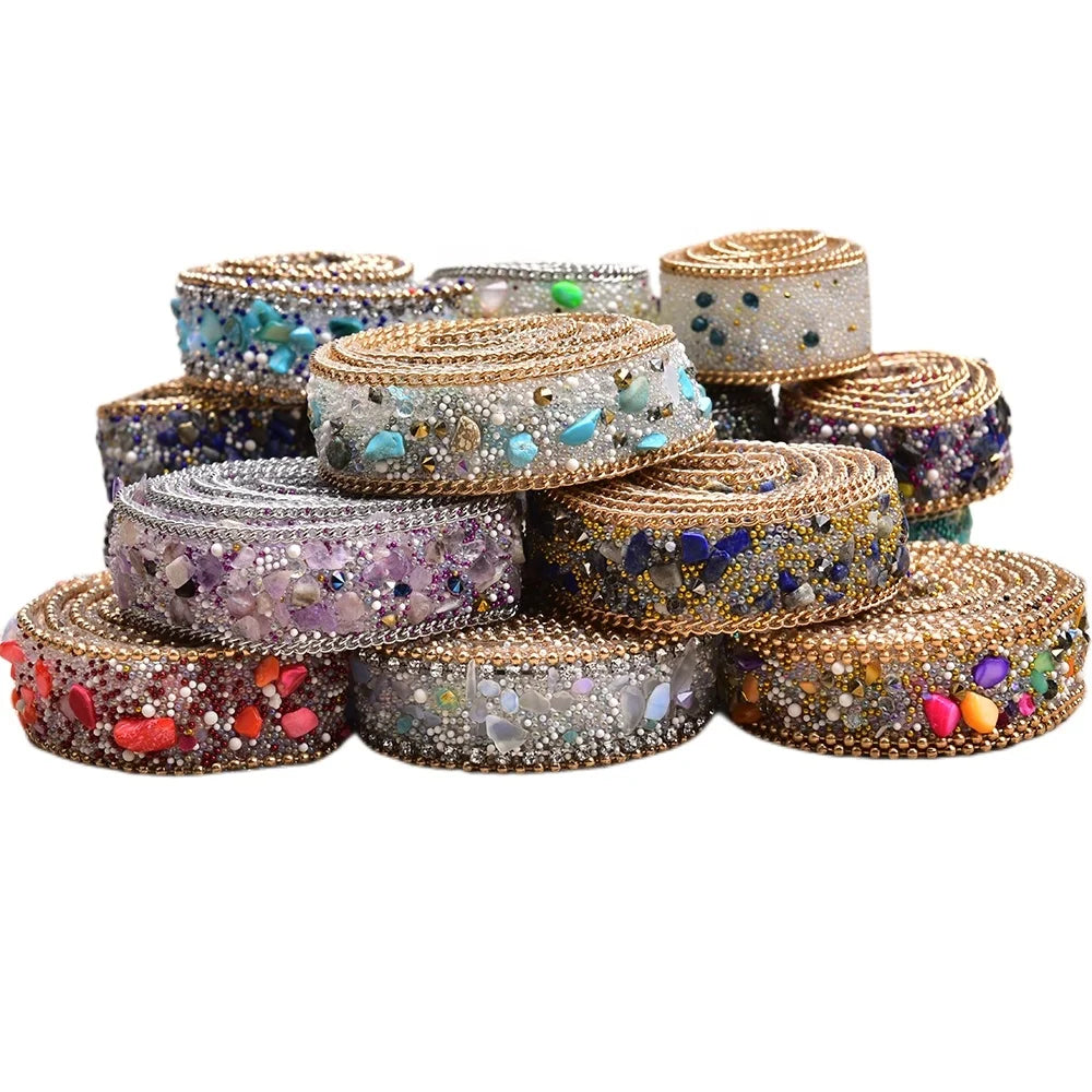 Colorful 2cm in Width Hot Fix Gravel Beads Stone Rhinestone With Metal Chain Tape Strip Trim for Garment Decoration