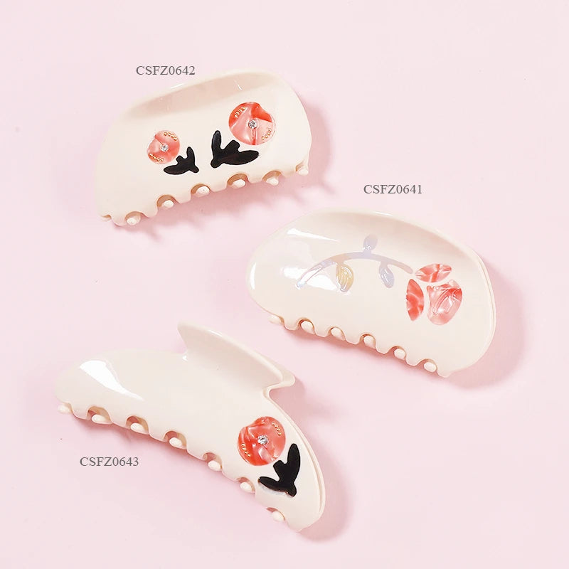 CSFZ0641-0643 OEM ODM Cream Color Flower Shaped Custom logo Semicircle Acetate Hair Grips Claw Clips for Woman