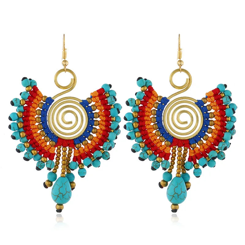 Hot Selling Bohemian Handmade Copper Circle Fan-Shaped Wax Rope Woven Turquoise Beads Designer Dangle Earrings Gift