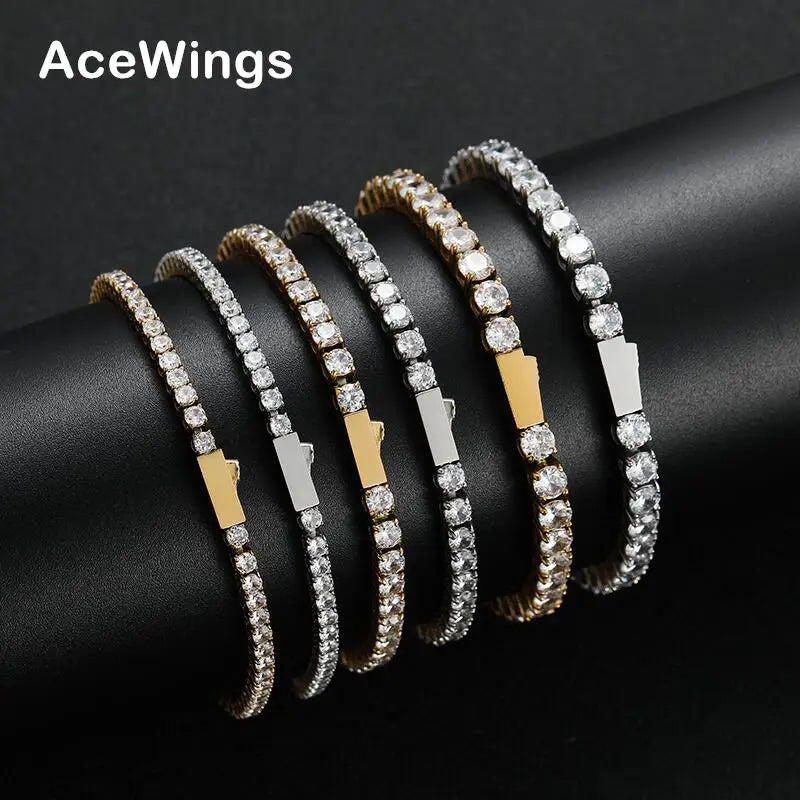 SB053 3mm 4mm 5mm Gold Plated Zircon Stainless Steel Tennis Chain Bracelets with Spring Ring Clasps Men and Women Fashion