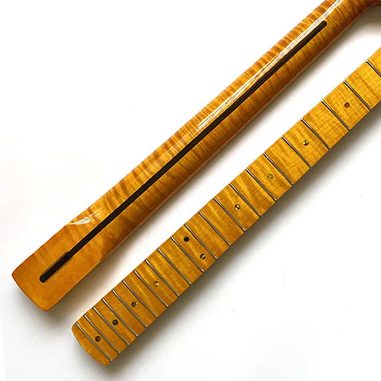 One Piece Vintage Yellow 21 Frets ST TL Electric Guitar Neck Replacement Tiger Flame Maple Guitar Necks