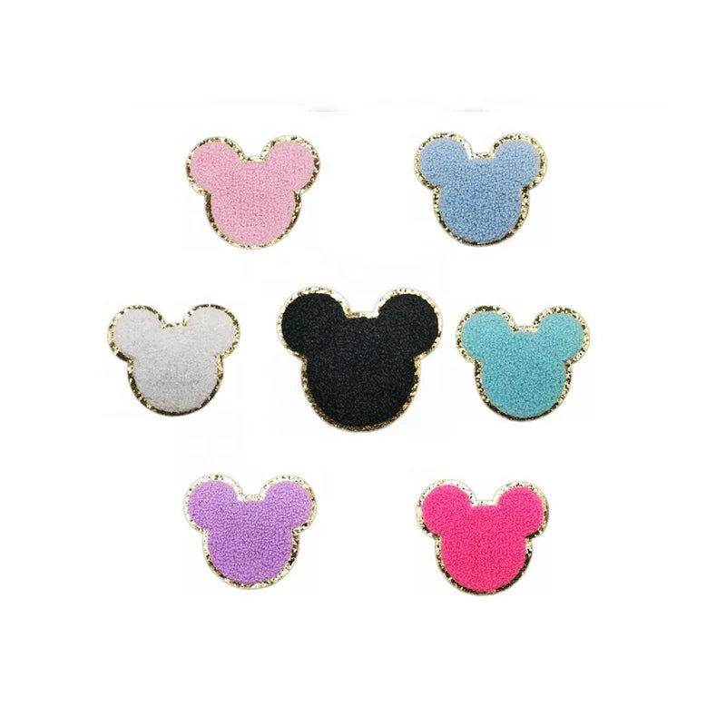 DDP Factory Hot Sale Designer Custom Glitter Mickey Chenille Patch  Embroidery Mouse Head Iron on Patches Appliques for Garments