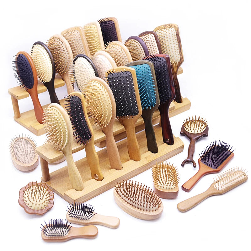 Best-selling Compact Ionic Cushion Laser Hair Massage Comb with Metal Bristles Paddle Oval Wooden Hairbrush for Women