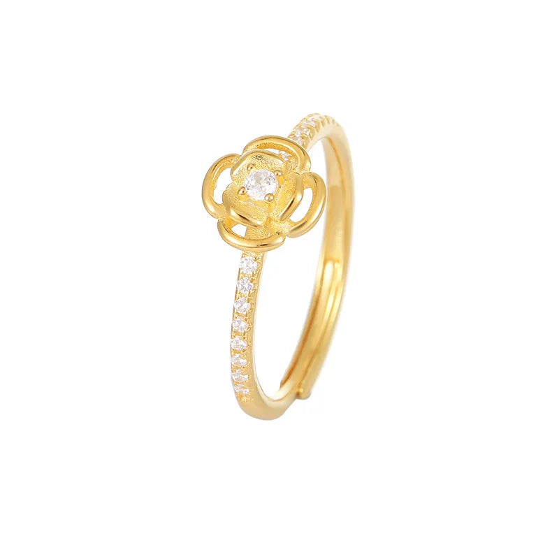 Fashion Jewelry 925 Sterling Silver Flower Rose Diamond Adjustable Gold Plated Rings for Women