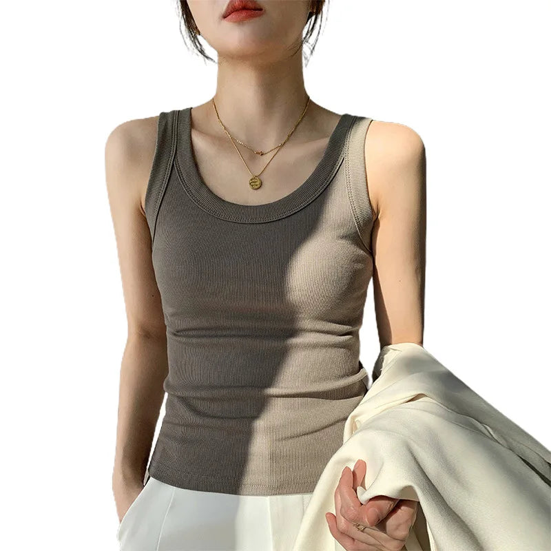 Women Cotton Knitted Crop Top Casual Sleeveless Round Neck Ribbed Fitness Gym Crop Top