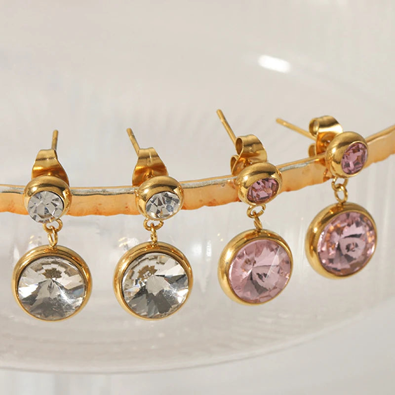 Ins Style 18k Gold Plated Stainless Steel Multi Color CZ Charms Dangle Stud Earrings Jewelry