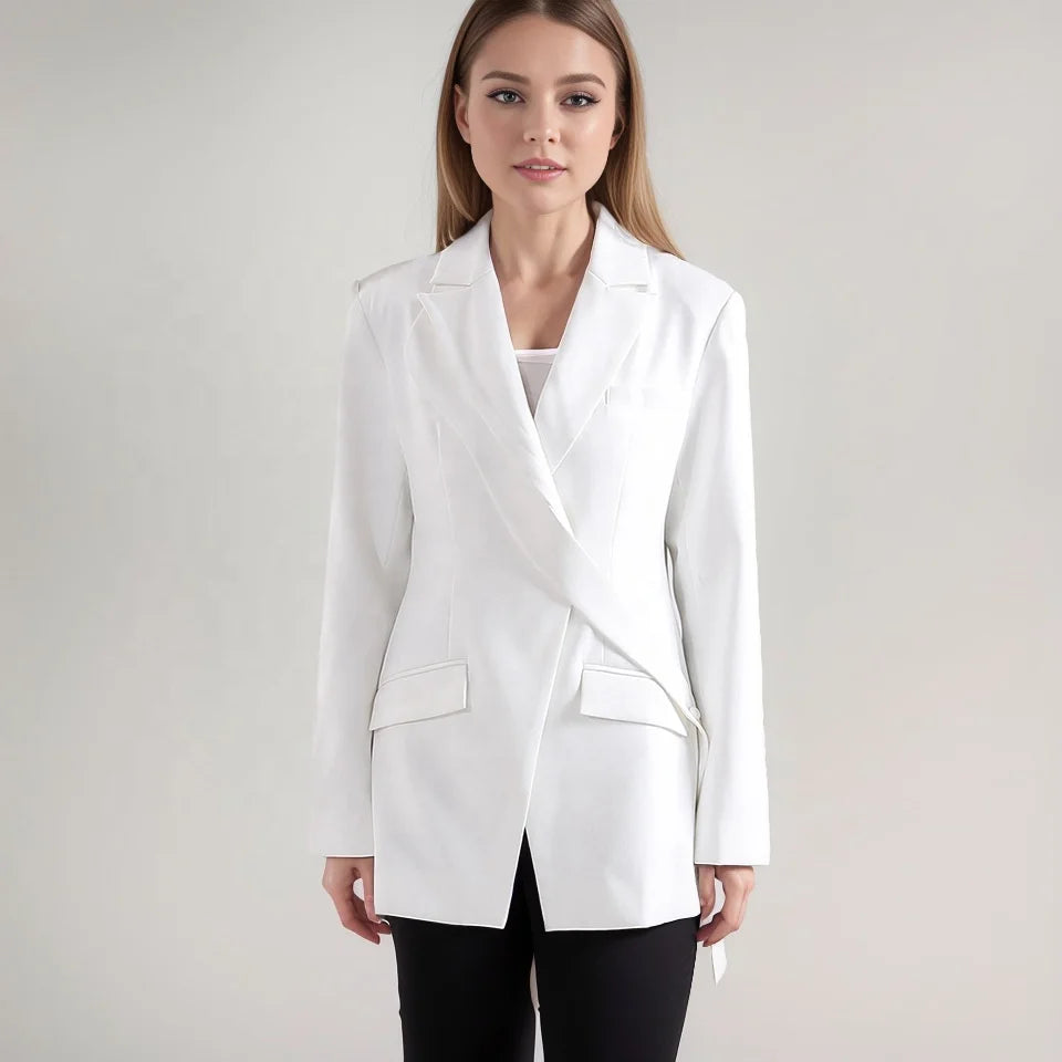 OUDINA Autumn Winter New Irregular Cross Placket Femenin Casual  Suit Jacket Blazers for Women
