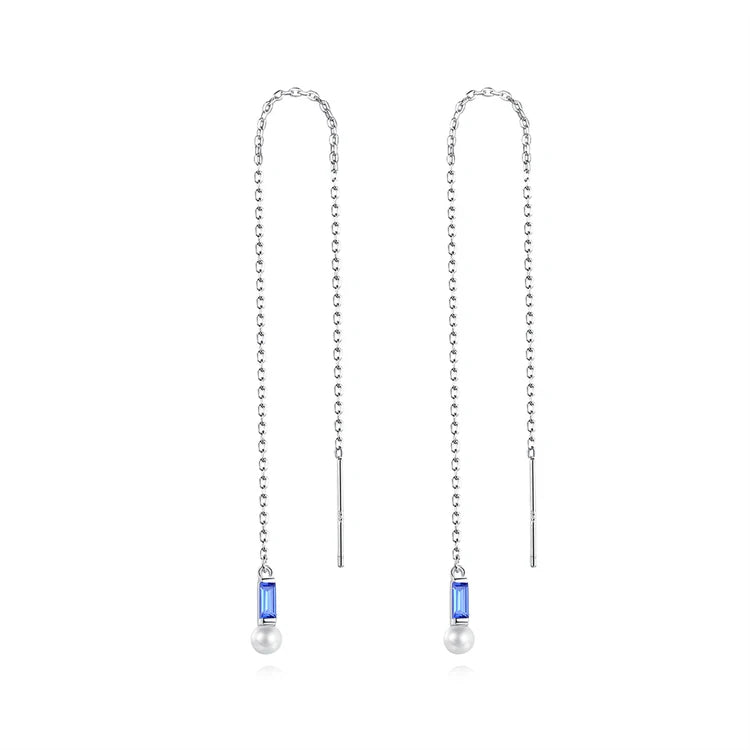 Fine Jewelry 925 Sterling Silver Long Tassel Pearl Earrings Women Fashion Baguette Square Gemstone Drop Earrings