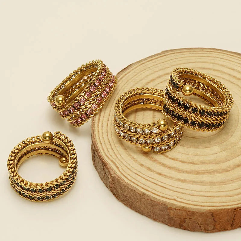 Creative New Stainless Steel Gold Plated Full Diamond Multi Layer Ring for Women