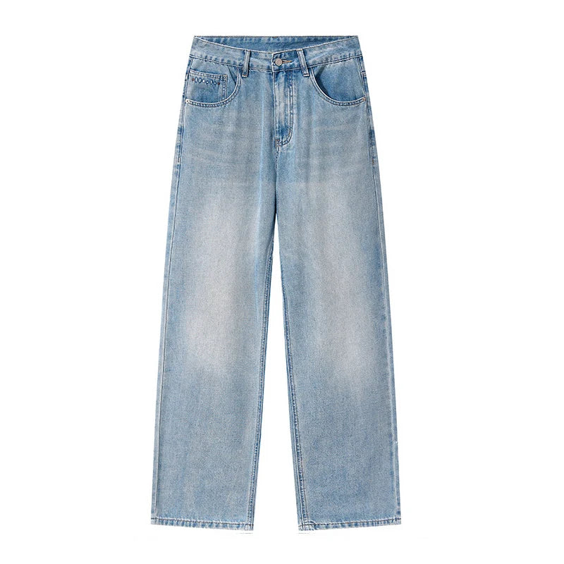 Men's Classic Design Straight Leg Denim Pants with Zip-fly and Button Closure Waist Breathable and Durable Blue Jeans