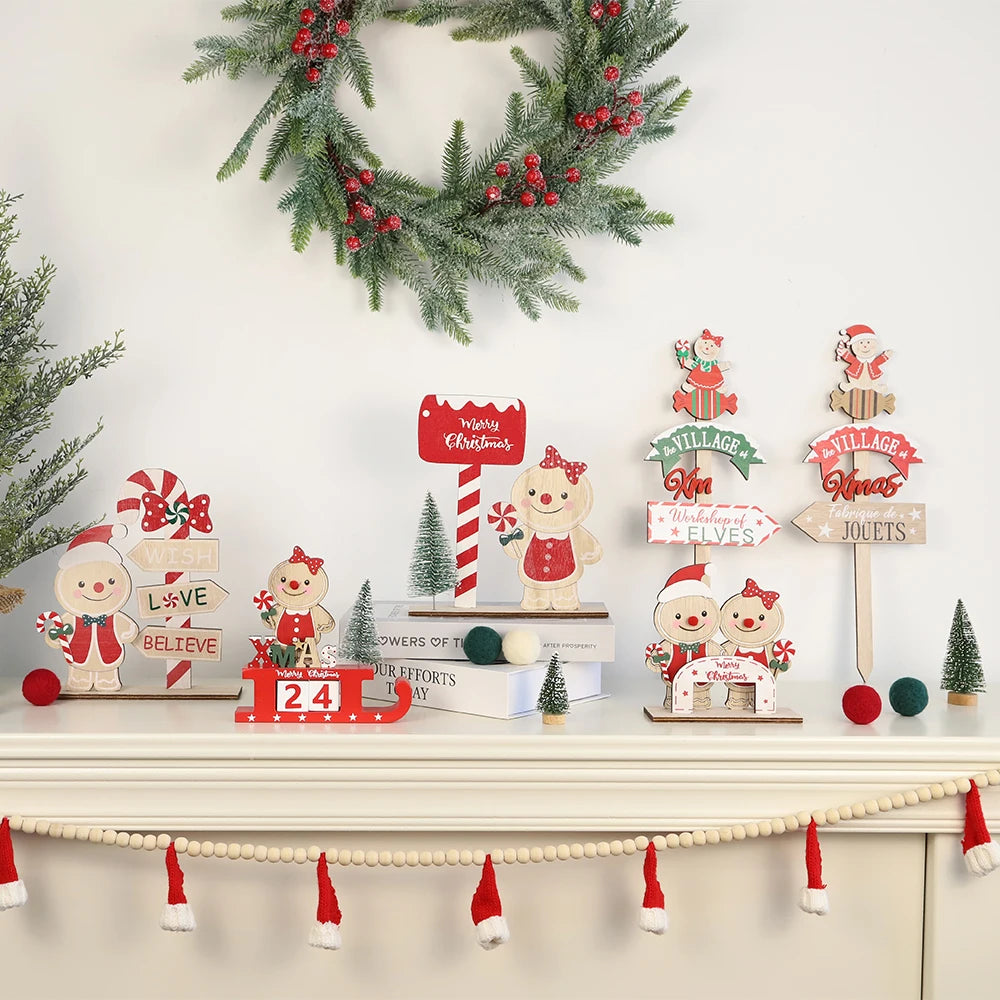 Farmhouse-Style Wooden Tabletop Signs Christmas Gingerbread Man Theme Home Party Decorative Figurines