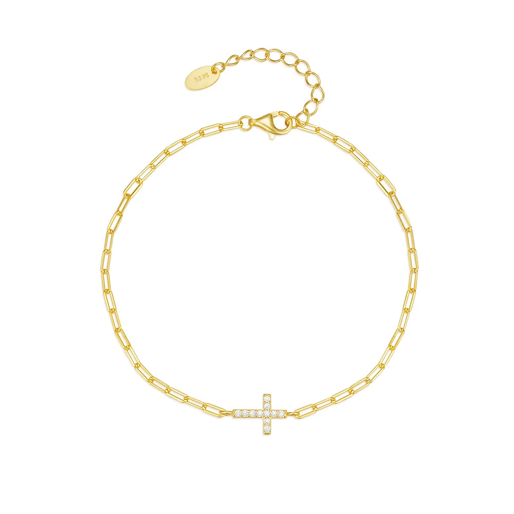 Wholesale Factory Fashion Jewelry 925 Sterling Silver Cross Charm Zircon Paper Clip Chain Gold Plated Bracelets for Women