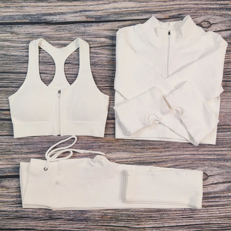 2 Piece Winter Zipper Ribbed Yoga Set Wholesale Seamless Yoga Set Outfit Women Sport Workout Clothes Gym Yoga Sets Fitness Woman