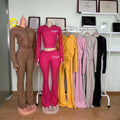 New Fall Waffle Texture Striped Women Clothes Set Hooded Tops+Flare Pants Suits Casual 2 Piece Pants Set for Women