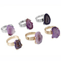 Natural Purple Agate Geode Druzy Slice Ring Adjustable Raw Crystal Open Finger Ring for Women Bohemian Statement Jewelry