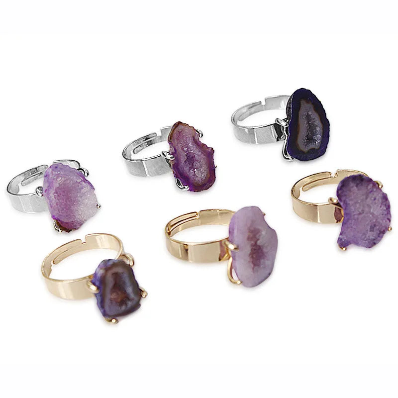 Natural Purple Agate Geode Druzy Slice Ring Adjustable Raw Crystal Open Finger Ring for Women Bohemian Statement Jewelry