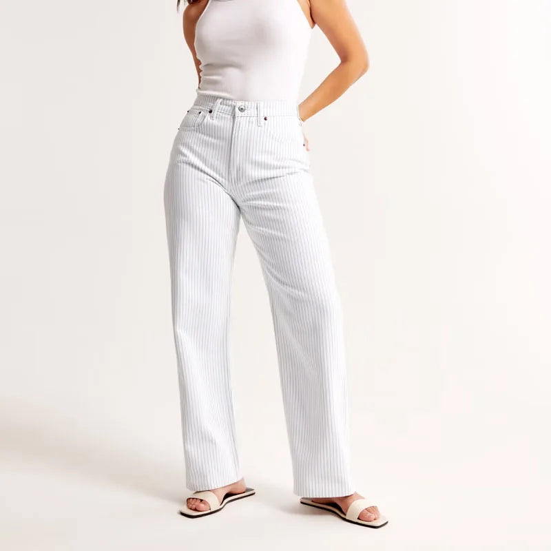 Y2k New Fashion Curve Love High Rise Loose Vertical Striped Wash Lightweight Rigid Jeans for Women