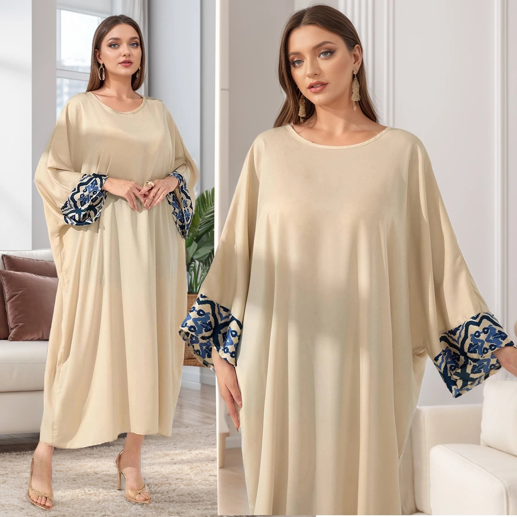 Elegant Women Clothing Dubai Abaya Crewneck Floral Printed Cuffs Apricot Islamic Robe Casual Dress for Muslim Women