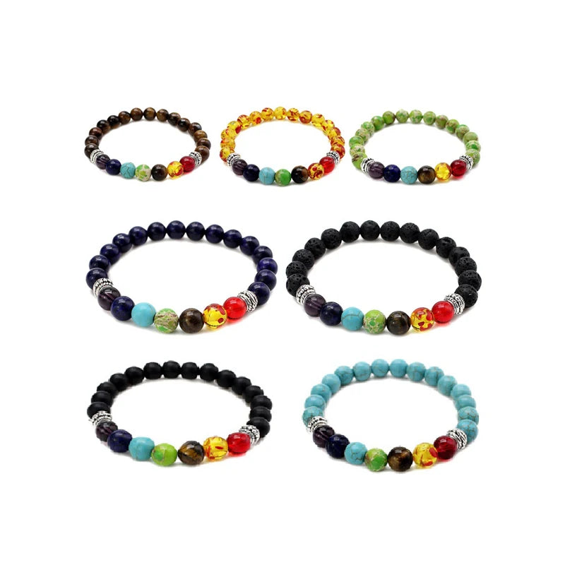 7 Chakra Balance Bracelet for Men Natural Stone Bead Lava With Black Silver Plated Cross Pattern for Yoga Reiki Healing