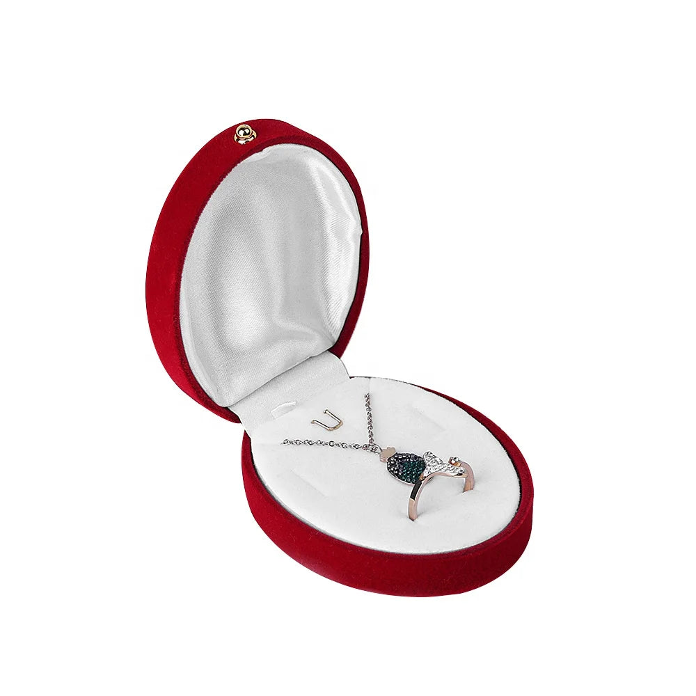 Customized logo Flocking Red Jewelry Packaging Customized Logo Oval Velvet Ring Box With Golden Bead