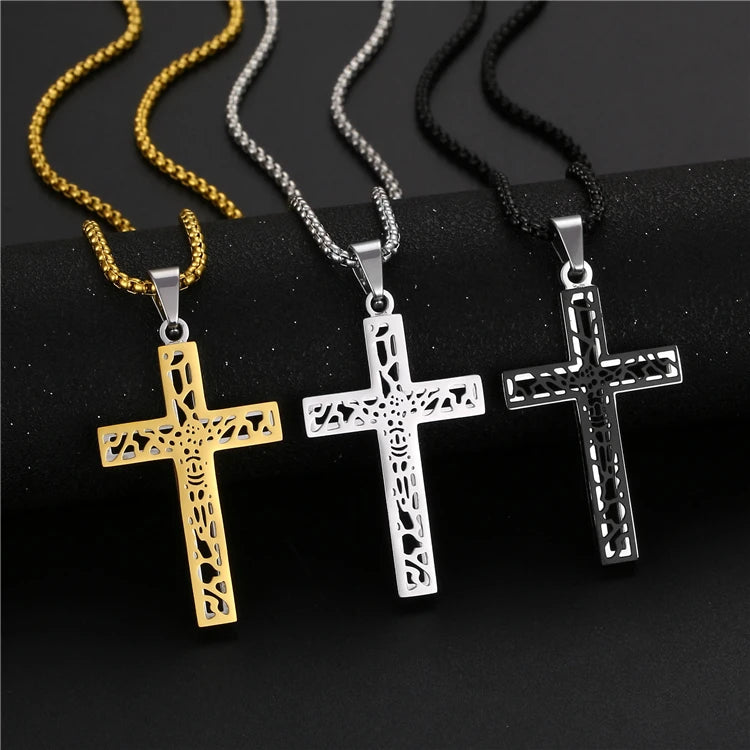 Cheap and Fine Hollow Design Jesus Cross Pendant Chatolic Religious Jewelry Stainless Steel Cross Pendant Necklace for Men