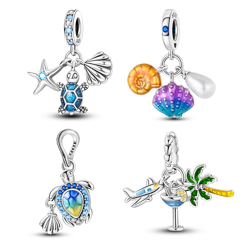 925 Sterling Silver Turtle Coral Shell Starfish Ocean Charms Zircon-Incanced Fine Pendants for Women's Party Gift Jewelry