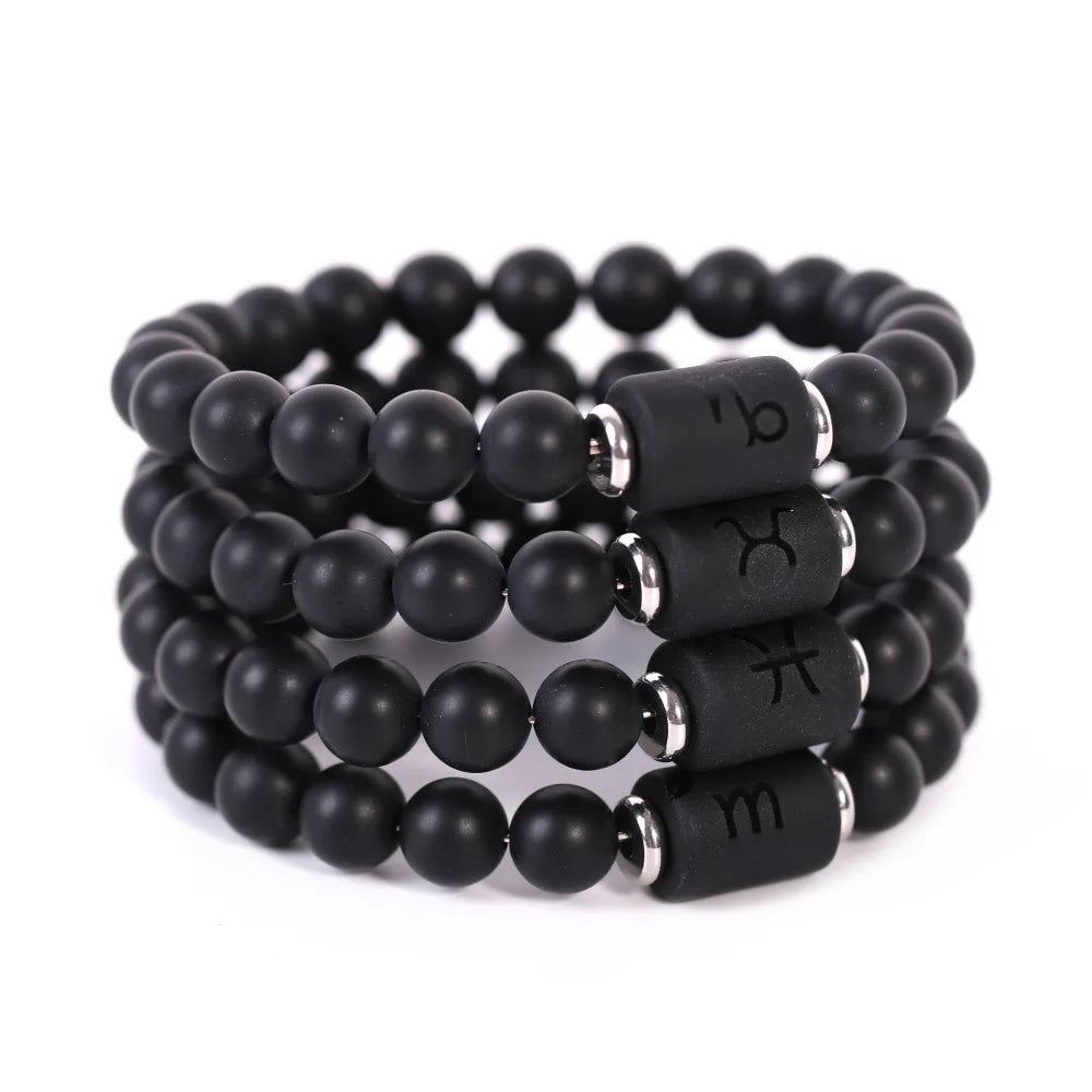 Matte Black Beads 12 Constellat Bracelet Zodiac Charm Elastic Bracelet Men Jewelry