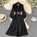 M-2XL Spring Retro A-line Large Swing Long Dress High Waisted Lantern Sleeve Dress V-neck Metallic Dress